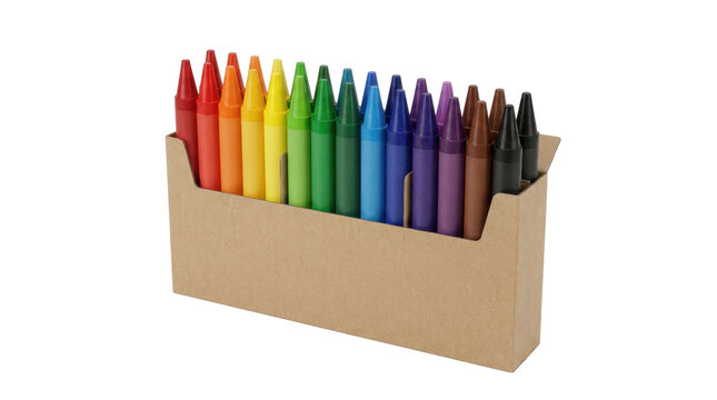 Rainbow of Crayons: A vibrant assortment of colorful crayons arranged neatly in a cardboard box, ready to bring creativity to life.