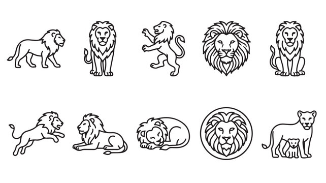 Minimalist lion line art icons, set of 10 black and white lion vector illustrations, modern animal logo symbols for branding and wildlife design