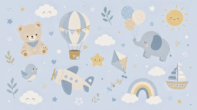 Cute Baby Nursery Seamless Pattern with Hot Air Balloon, Airplane, Rainbow and Stars
