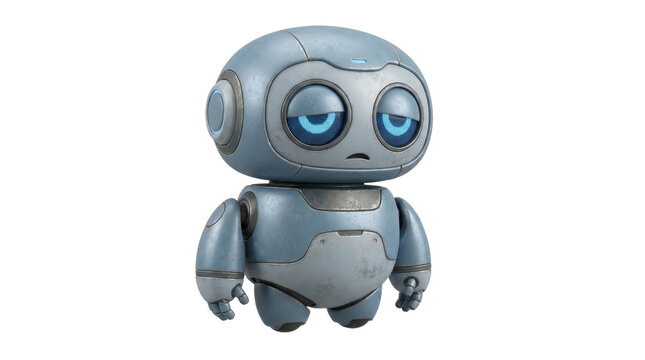 Sad Robot Character: A cute, round, blue-gray robot with large, droopy blue eyes and a slightly melancholic expression stands alone, looking bored and unimpressed.