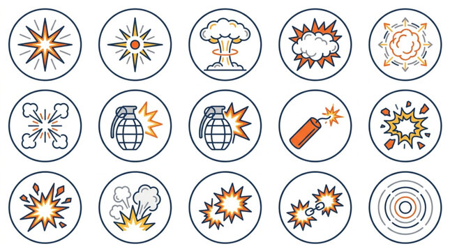 Collection of Explosion and Blast Icons in Circles.