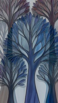 Three vertical panels showing stylized trees in different colors