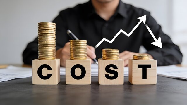 Cost reduction strategy with wooden blocks and declining gold coin stacks for financial growth and budget optimization.