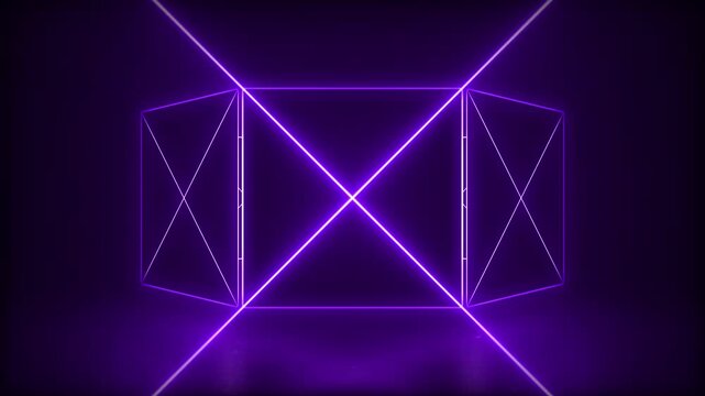 Retro synthwave neon animation loop featuring a glowing purple and violet 3D wireframe cube rotating on a dark background