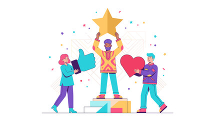 Fototapeta premium A proud man holds a giant golden star trophy high on a podium while friends carry a thumbs up and heart, celebrating achievement and appreciation.