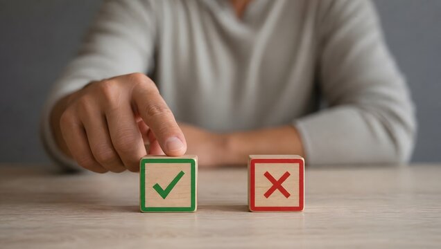 Hand choosing between wooden blocks with check mark and cross mark, symbolizing choice.