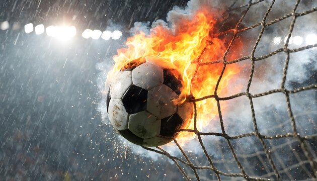 Soccer ball exploding in flames near a goal net