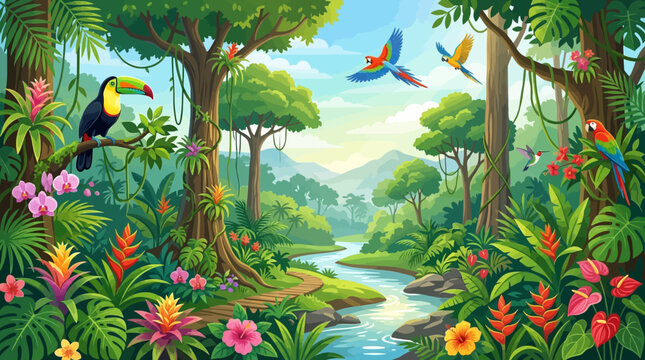 Vibrant tropical jungle scene with exotic birds and lush greenery