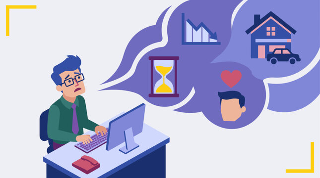 A worried man at his computer imagines a declining chart, ticking hourglass, house, car, and heart, representing financial stress and life pressure.