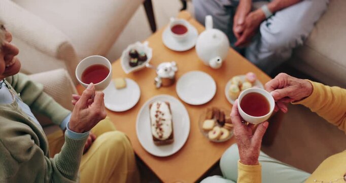 Friends, tea party and elderly people in home to relax together, gossip or share memory at reunion. Drink, retirement and women in lounge for socializing with nostalgia, talk and above at house visit