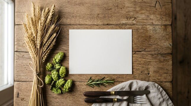 Blank rustic menu card mockup resting on a textured wooden table top