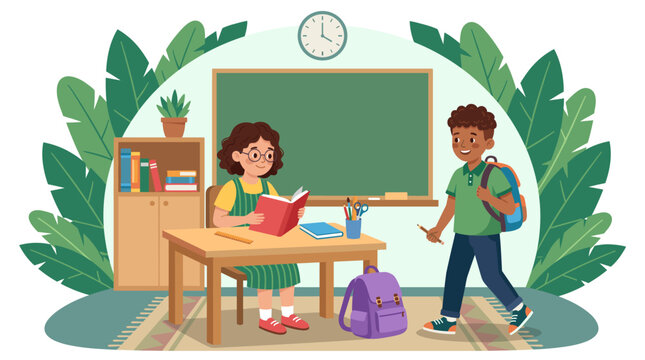 A girl reads a book at her school desk while a classmate walks by with a backpack in a classroom, capturing back to school and education.