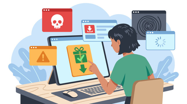 A person at a computer faces warning popups with a skull icon and a suspicious free gift download button, representing online scam awareness.