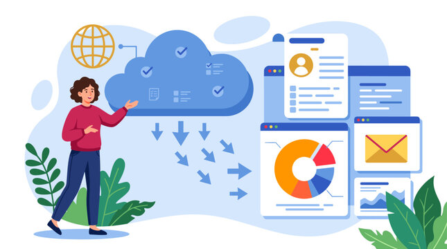 A woman presents cloud based data management as information flows down into charts, profiles, emails, and analytics dashboards on screens.