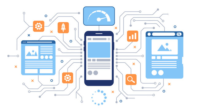 A mobile app interface connects to speed, analytics, search, and settings icons through a digital circuit board network diagram.
