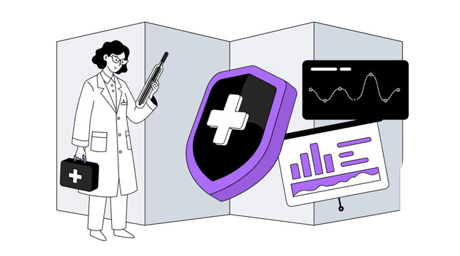 A female scientist holds a thermometer beside a protective medical shield and data chart showing health analytics.