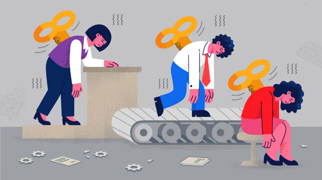 Three exhausted office workers bend over with wind up keys in their backs on a factory conveyor belt.