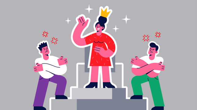 A crowned woman stands proudly on a pedestal while two envious men cross their arms in jealousy below.