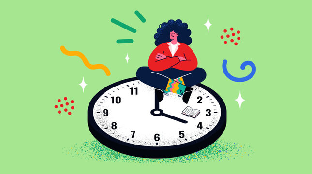 A woman sits cross legged with crossed arms atop a giant clock symbolizing time management and patience.