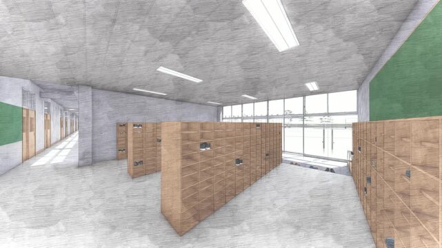 学校 玄関内観 背景素材  3DCG アニメーション