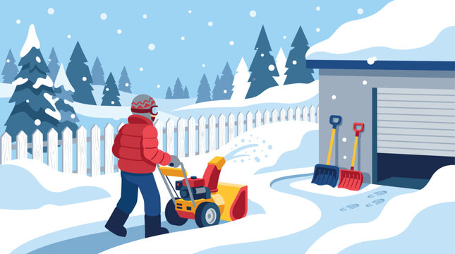 A man clears heavy snow from his driveway with a snowblower beside a garage in a winter forest.