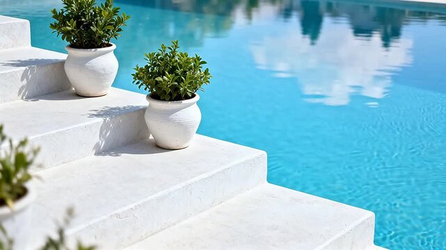 White steps with potted plants by pool