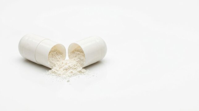 Generic hard plastic capsule pill split open showing granular powder contents on white