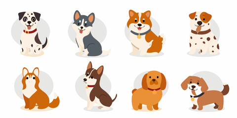 various dog breeds in cute flat vector style on white background dogs puppies canines dalmatian husky beagle corgi design art © Ranajit