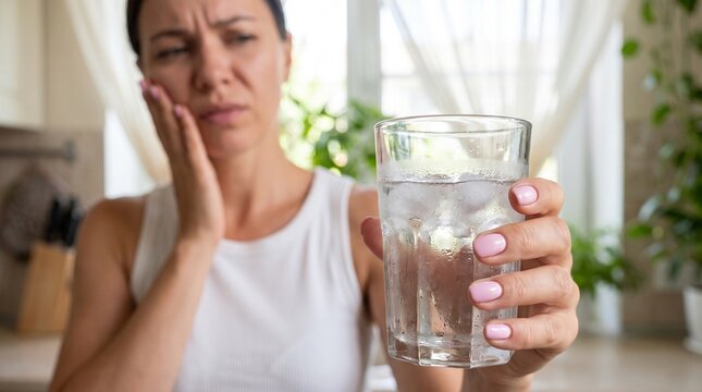 Sensitive teeth pain from cold water, woman suffering from toothache holding glass of ice water, dental health problem and oral sensitivity