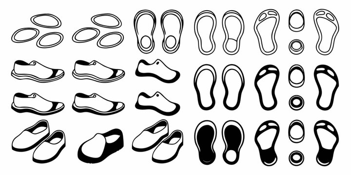 diverse shoe and footwear icon set displayed on white background sneaker boot slipper flip flop vector illustration graphic design simple minimalist