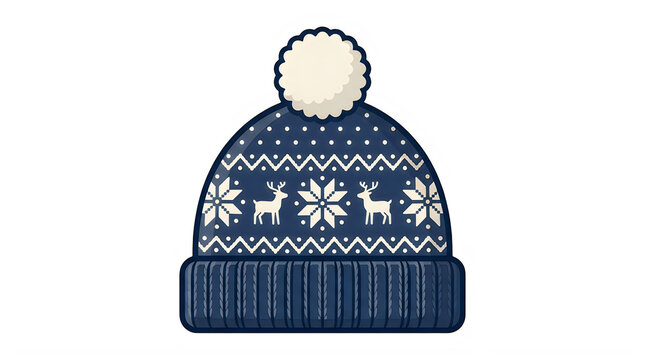 Merry Christmas Santa Blue winter hat, knitted beanie, pom-pom hat, snowflake pattern VECTOR