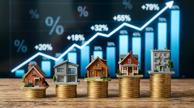 Real estate investment growth concept with miniature houses on stacks of gold coins and rising financial charts in the background