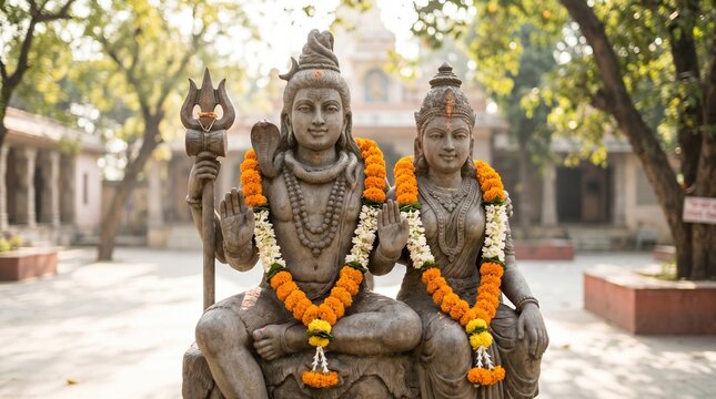 Stone statues of Lord Shiva and Goddess Parvati decorated with orange marigold garlands in a serene Indian temple courtyard environment