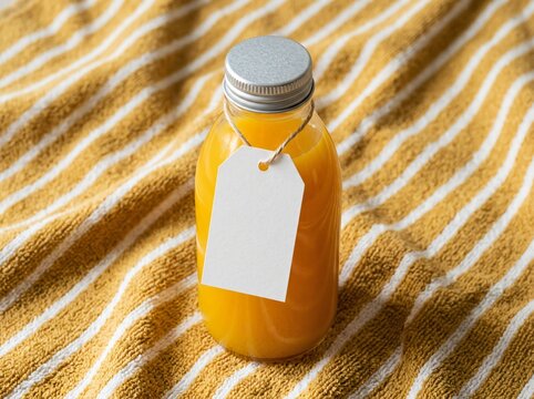 Orange juice bottle with blank tag on striped fabric
