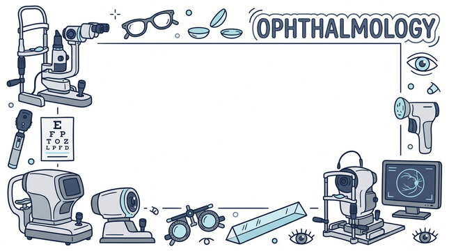Doodle Frame with Eye Examination Equipment and Copy Space for Eye Clinic Flyer Templates