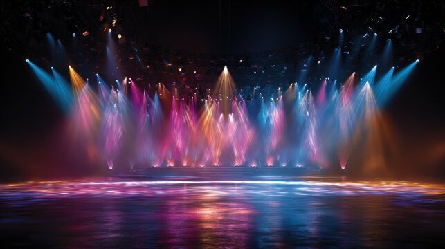 Concert stage with colorful lights and smoke