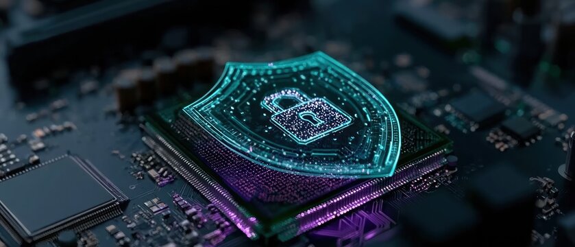 Digital shield with padlock on circuit board