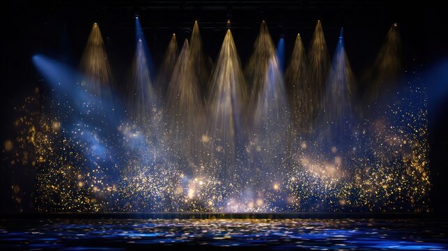 Stage lighting with falling glitter and smoke