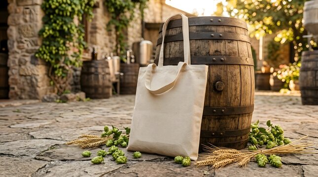 Rustic blank tote bag mockup resting against an old wooden barrel