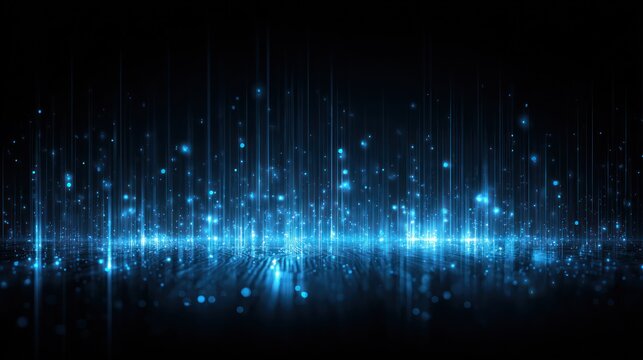 Abstract blue glowing lights and particles on black background