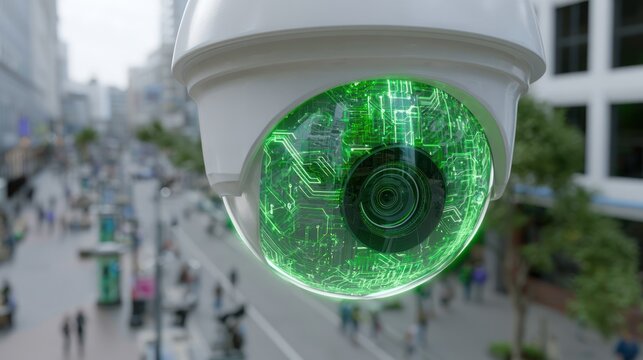 Digital surveillance camera with glowing circuit board eye