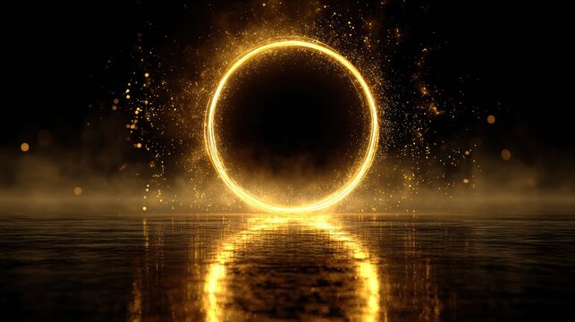 Golden ring with glittering particles and reflections