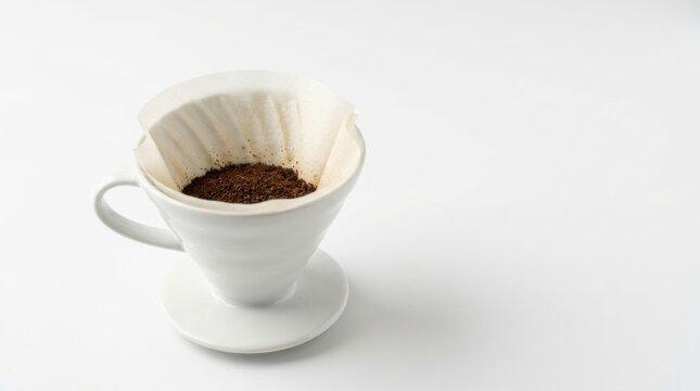 White ceramic coffee cone dripper filter standing vertical on a clean white background