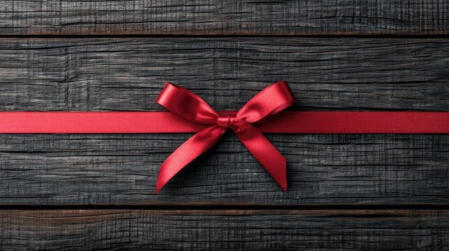 Red ribbon with bow on rustic dark wood