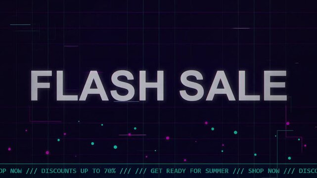 Flash sale, glowing digital typography with retro pixelated grid background, cinematic text animation, vibrant discount promotion, symbolizing e-commerce, marketing, and summer shopping deals