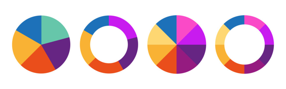 Set of colorful abstract pie charts. Circle section graph. Pie chart set. Pie charts diagrams. Different color circles. donut and pie chart infographic elements.
