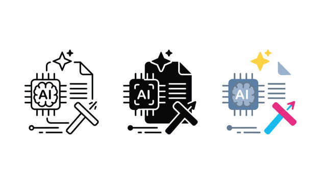 AI Data Processing: Three stylized icons depict artificial intelligence data processing, showcasing a CPU chip with the AI designation on a document.