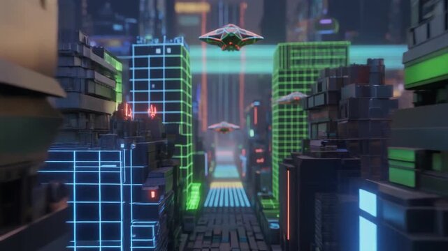 ネオンが輝くサイバーパンク風の未来都市と高層ビル群の3DCG