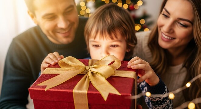 Parents watching child open gift box with golden ribbon during Christmas celebration. Family enjoys special moments together as child unwraps surprise present in festive atmosphere.