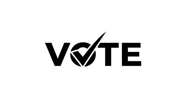 Vote campaign logo with checkmark with stylized vote logo black text white background checkmark integrated letter o democracy election politics